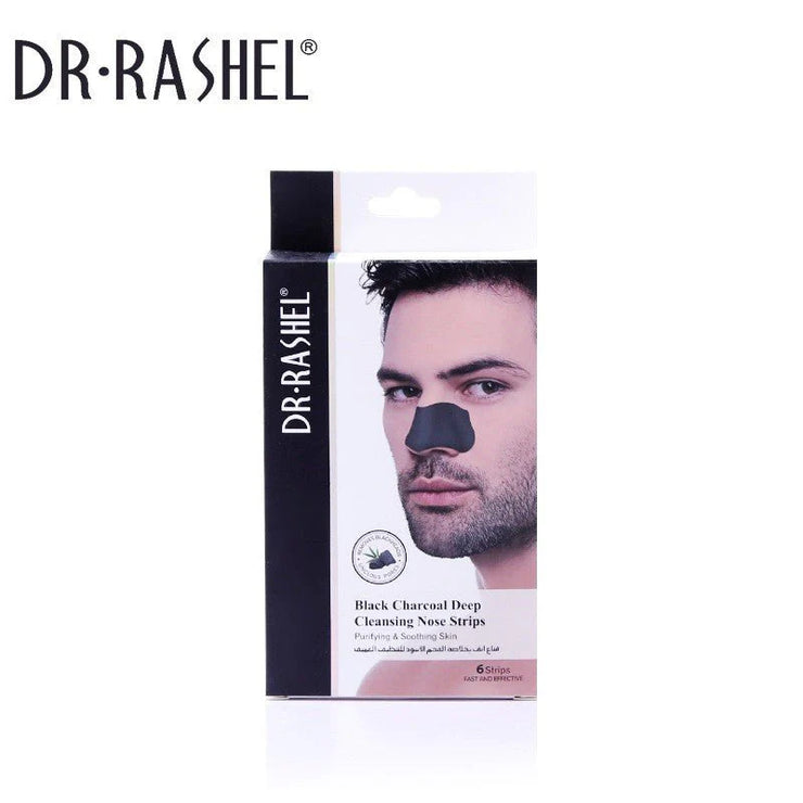 Cleansing nose strips packaging featuring a man using a black charcoal strip for blackhead removal.